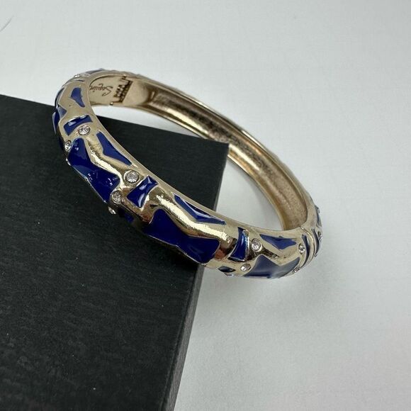 Sequin Crystal Cuff Bangle Bracelet Hinged Navy Blue Gold Tone Statement - Picture 1 of 4